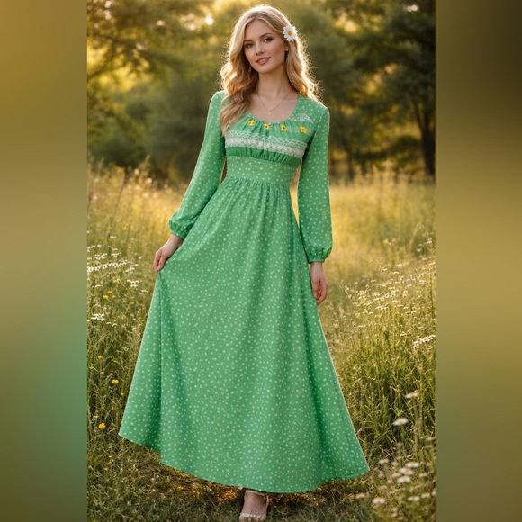 Vintage 60's/70's green floral long sleeve maxi dress, XS 🌼🍀 - Picture 6 of 7